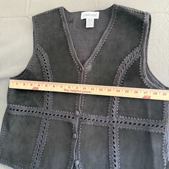 VTG Cabin Creek Leather/Knit Button Front Vest Crochet Trim Women Medium Black - Picture 8 of 8